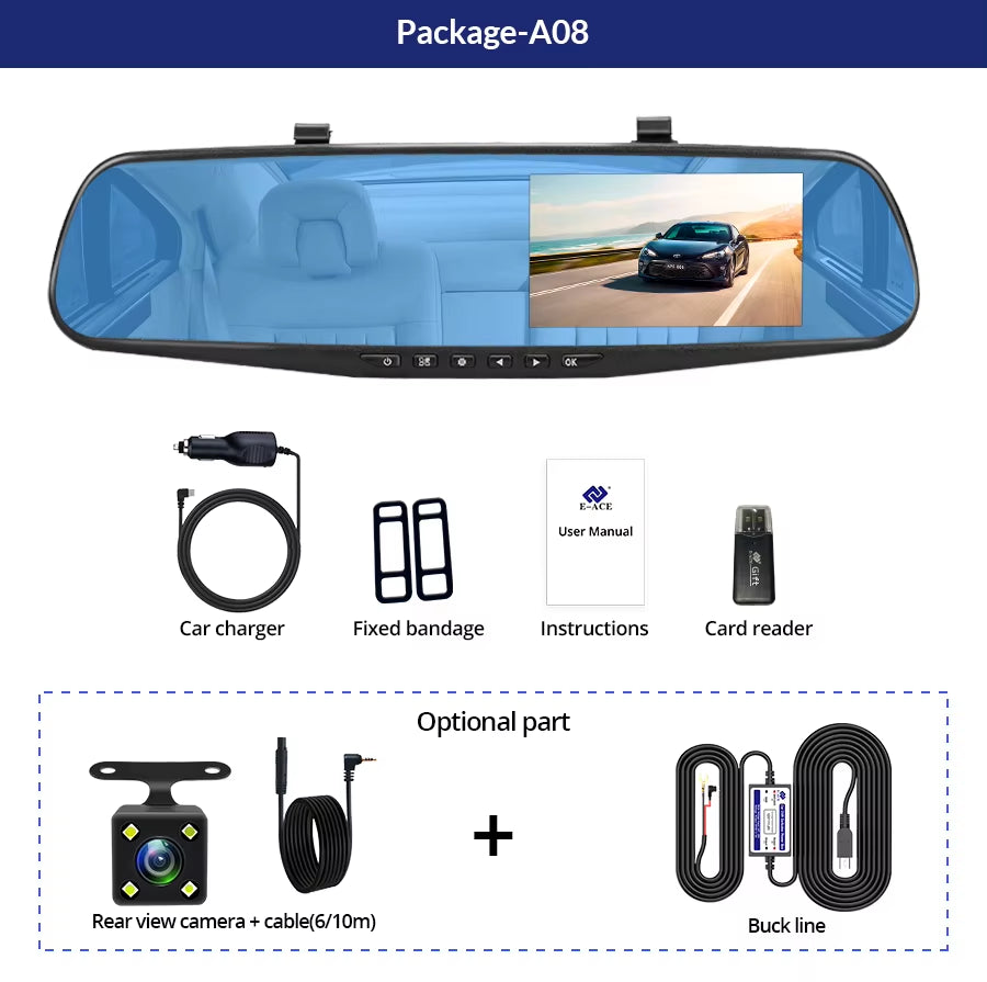 Dashcam Car Dvr 4.3 Inch Mirror FHD 1080P Camera Optional Dual Lens DVR Rearview Mirror Dash Camera Video Recorder Auto