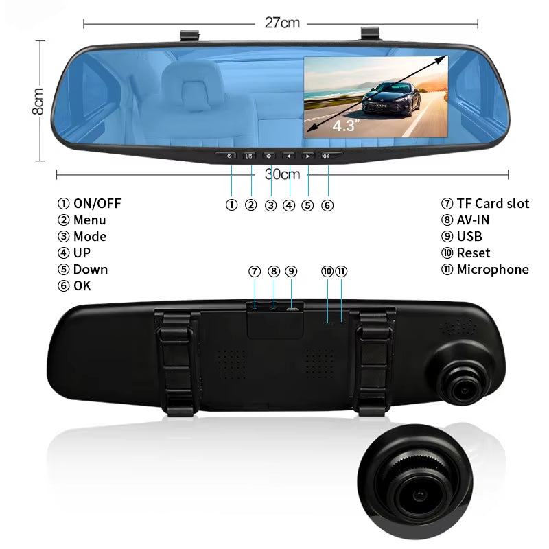 Dashcam Car Dvr 4.3 Inch Mirror FHD 1080P Camera Optional Dual Lens DVR Rearview Mirror Dash Camera Video Recorder Auto