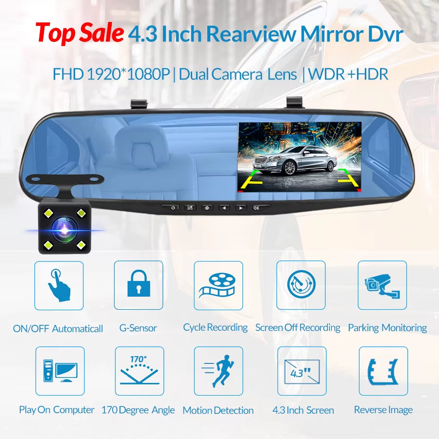 Dashcam Car Dvr 4.3 Inch Mirror FHD 1080P Camera Optional Dual Lens DVR Rearview Mirror Dash Camera Video Recorder Auto